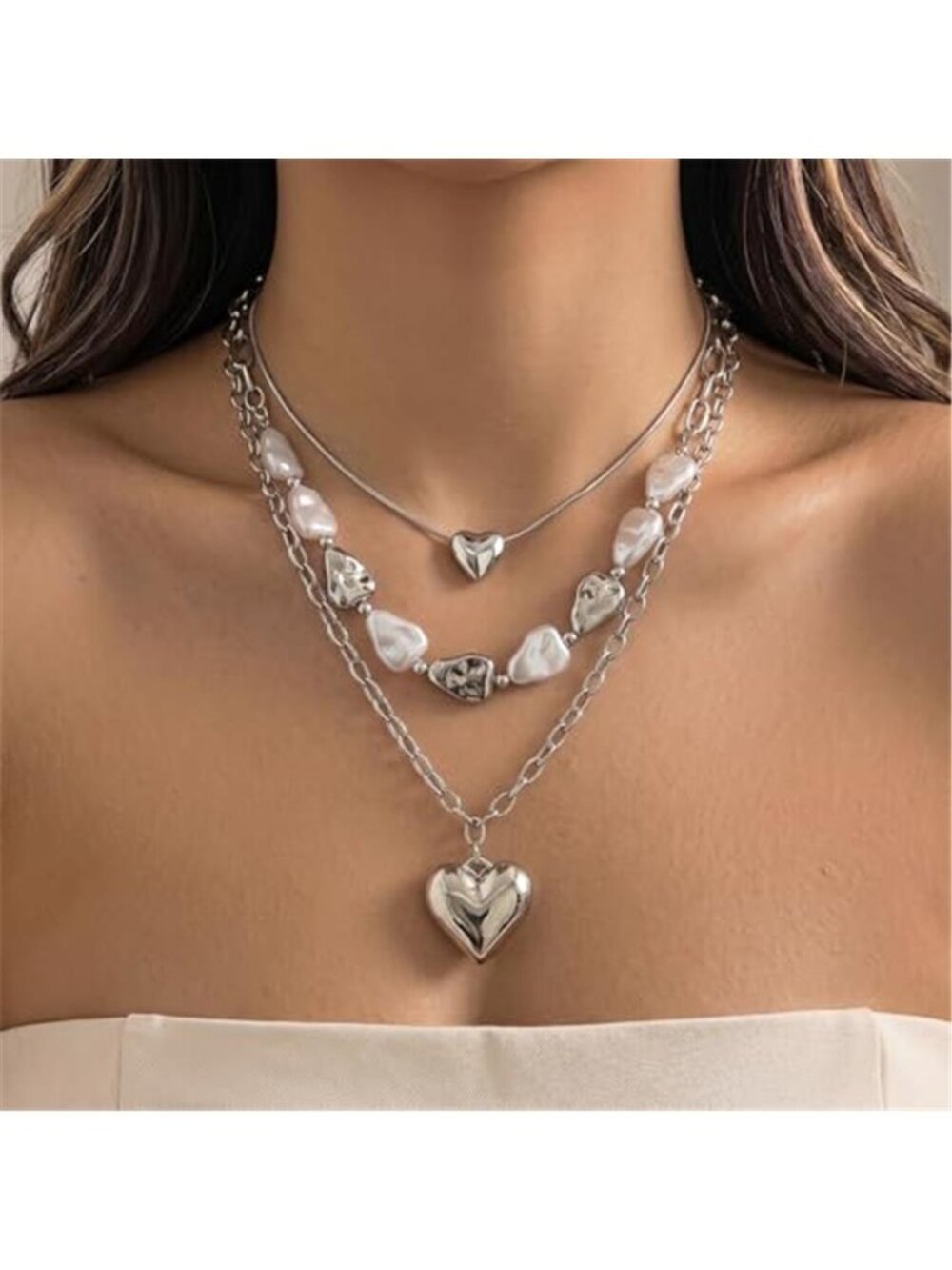 Silver Tone Chunky Layered Chain Necklace Heart Pendant Statement Jewelry